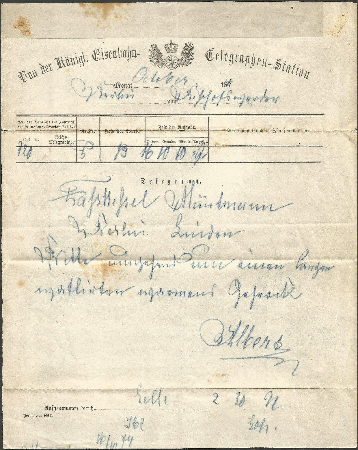 State Railways Telegram used 4/11/1906?