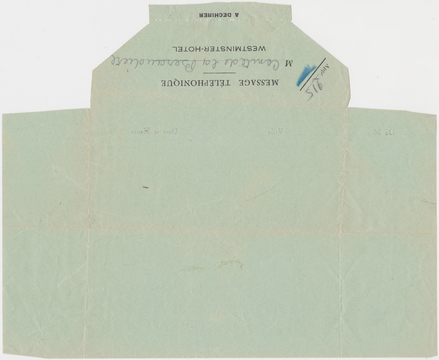 1939 Westminster Hotel Telegram - front
