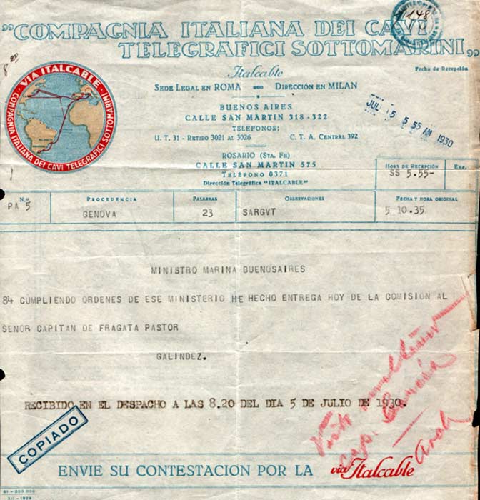 ItalCable 5 July 1930 - front