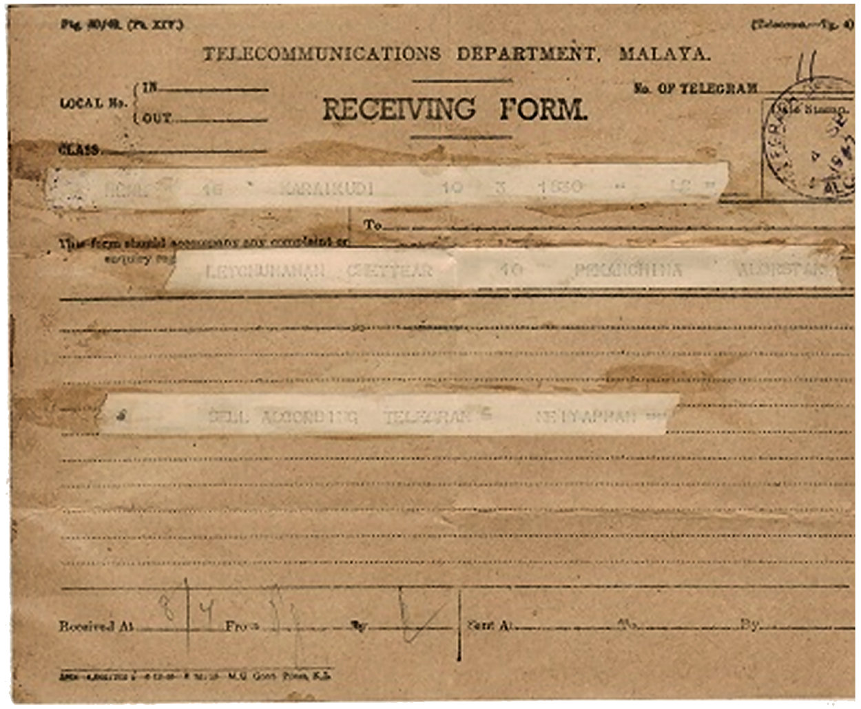 Malaya Receiving Form - 4 September 1947