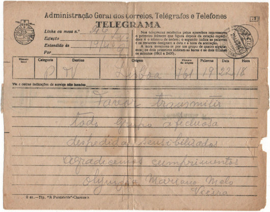 Telegram of 22 August 1944 - front