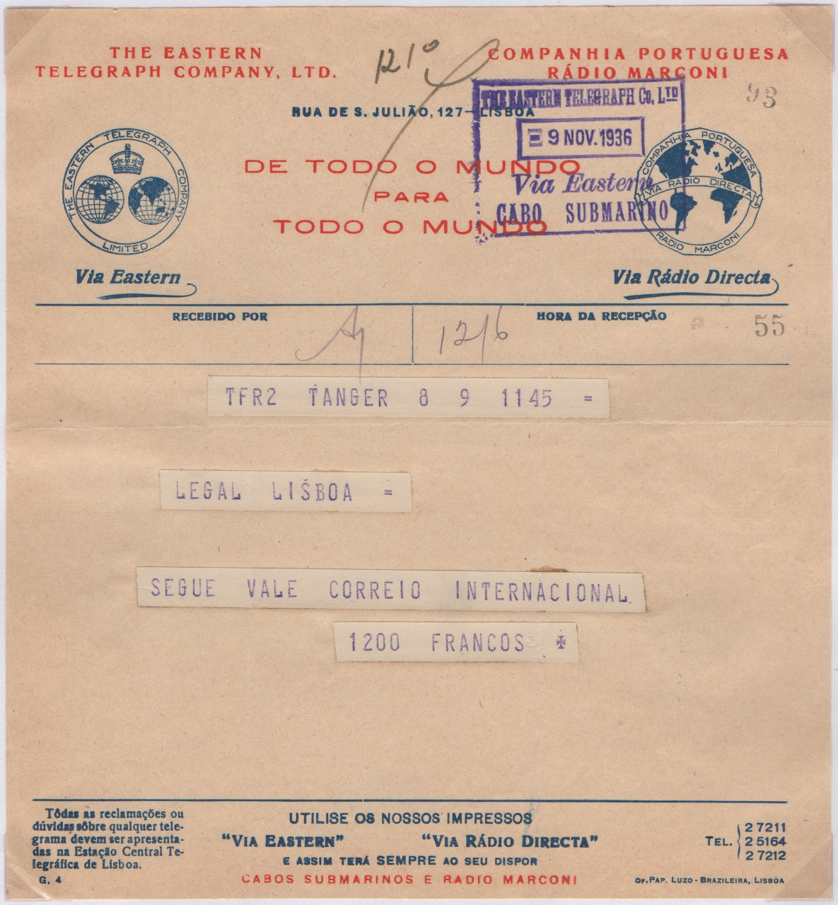 Eastern / Marconi 1936 telegram 