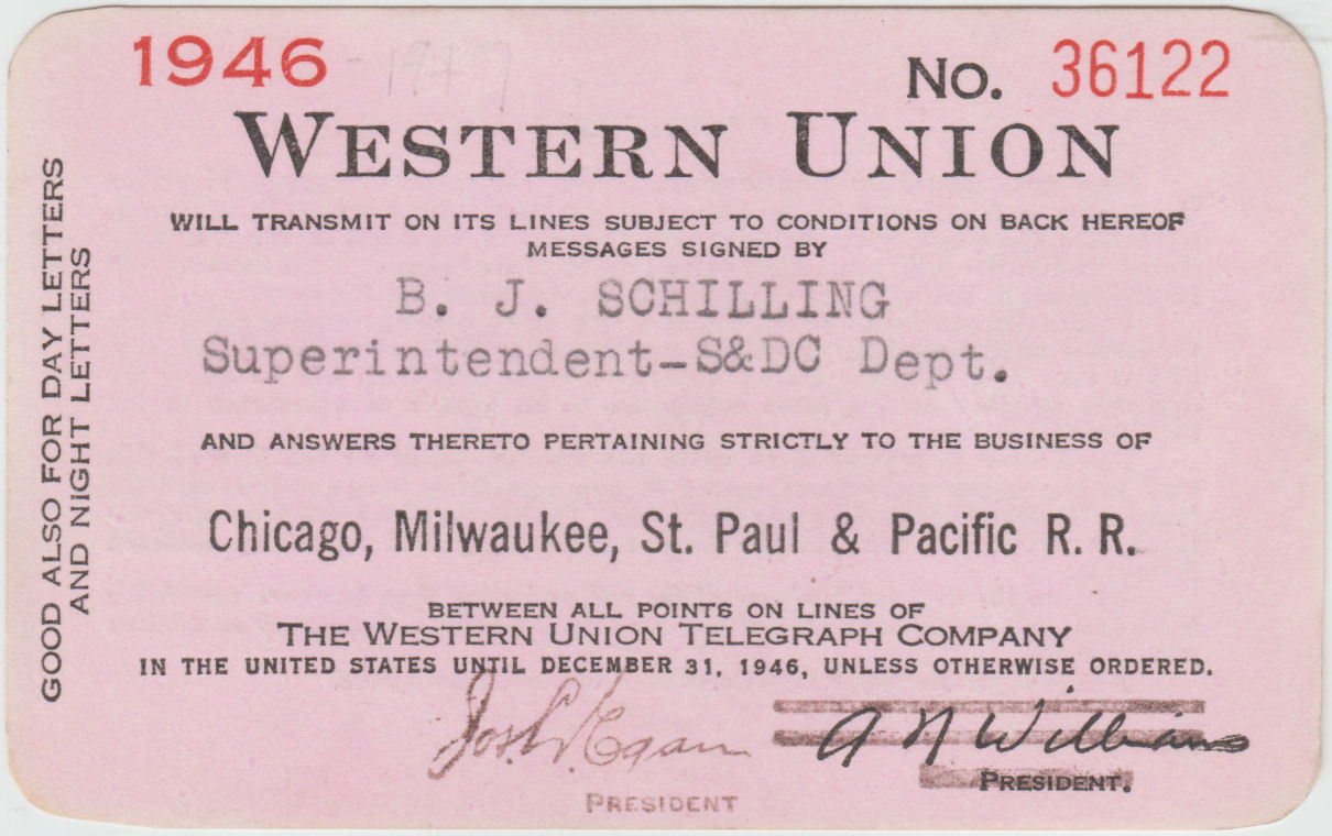 Western Union Charge Card 1946 - front, with President Josh Egan
