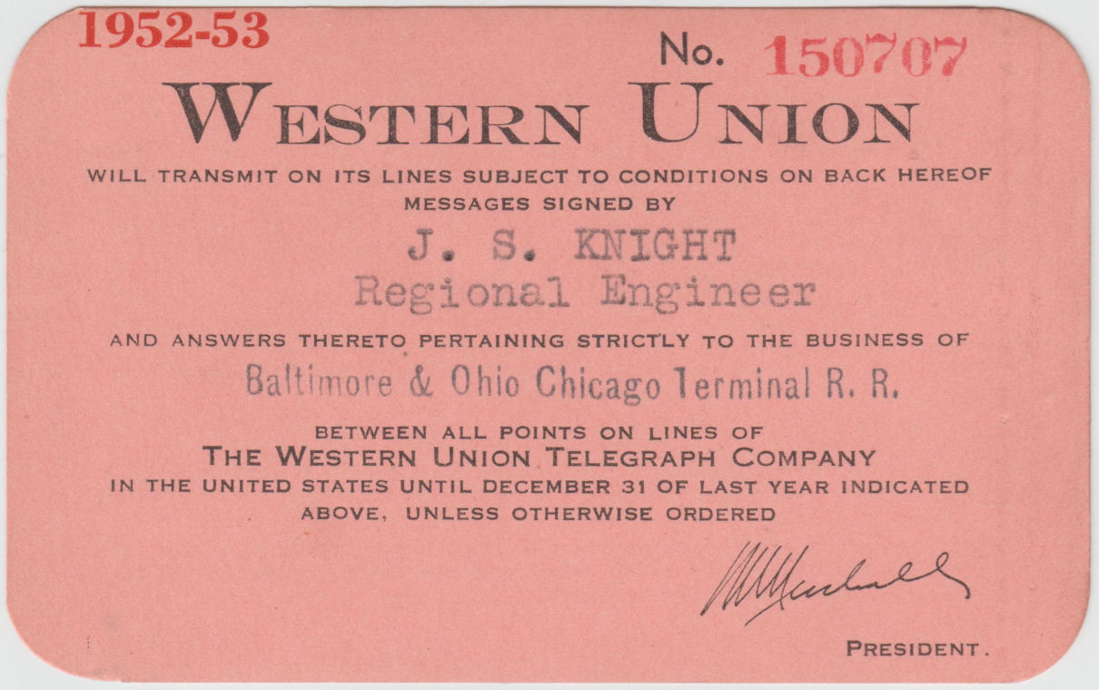 Western Union Charge Card 1952-53 Type I - front