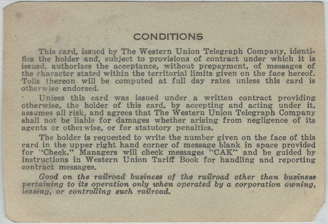 Western Union Charge Card 1962-63 - back