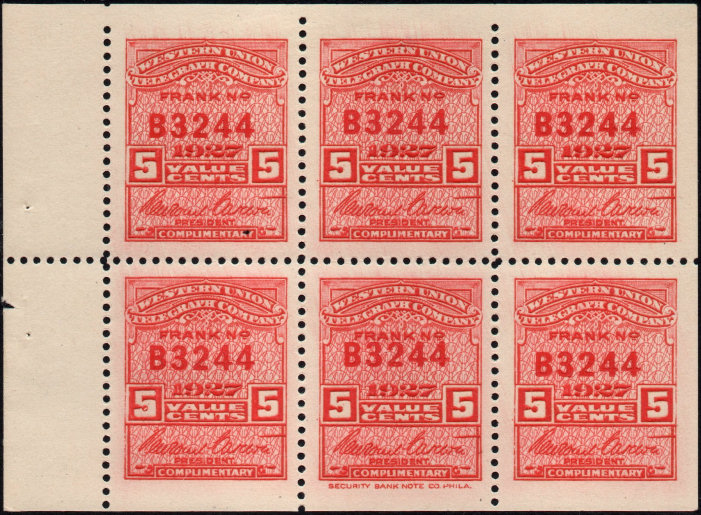 Western Union 1927, RH76 - B 5c pane
