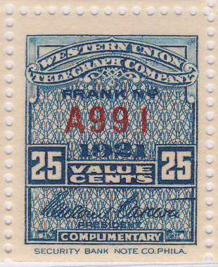 Western Union. 1921 25c - A