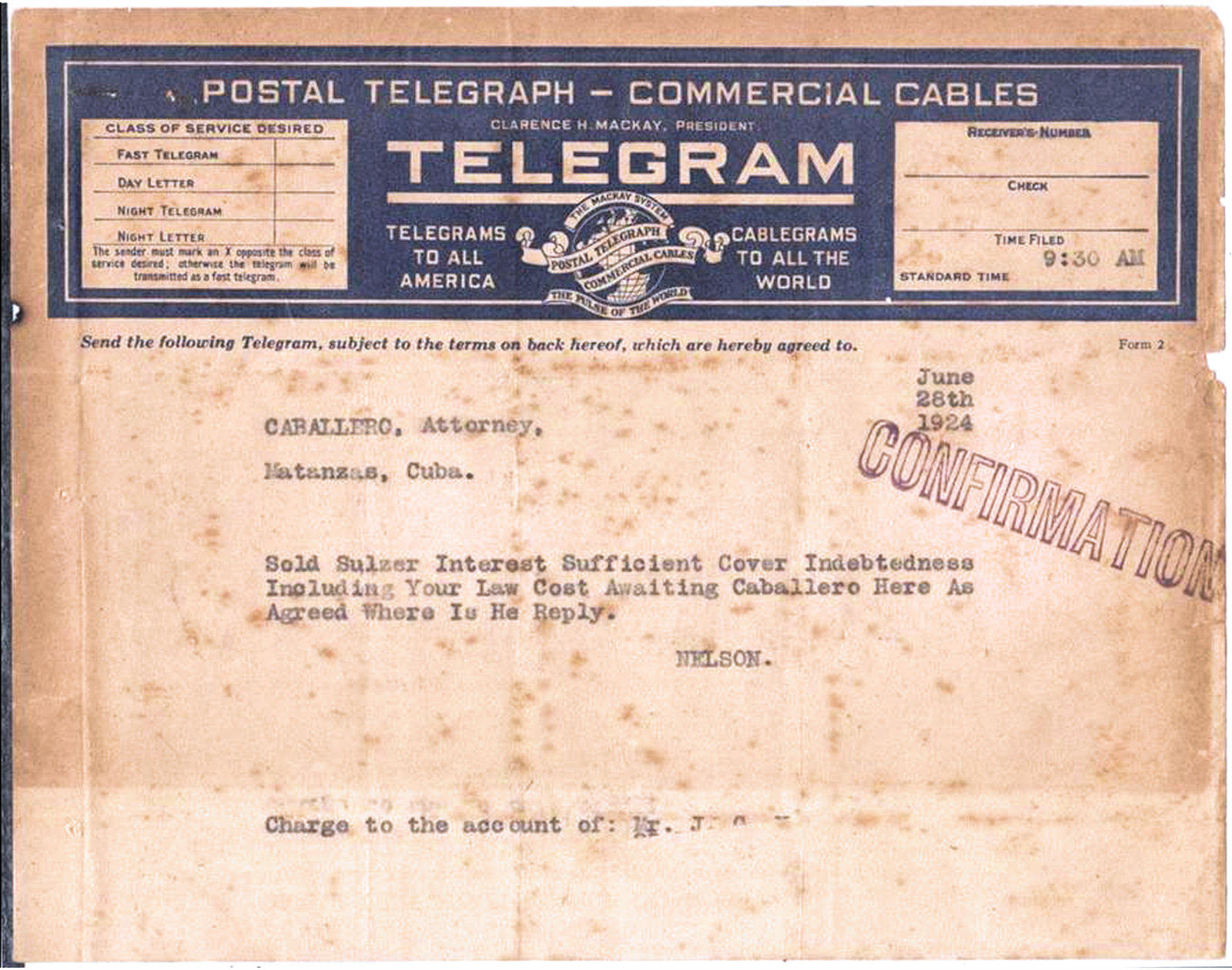 Form 2 telegram used in 1924