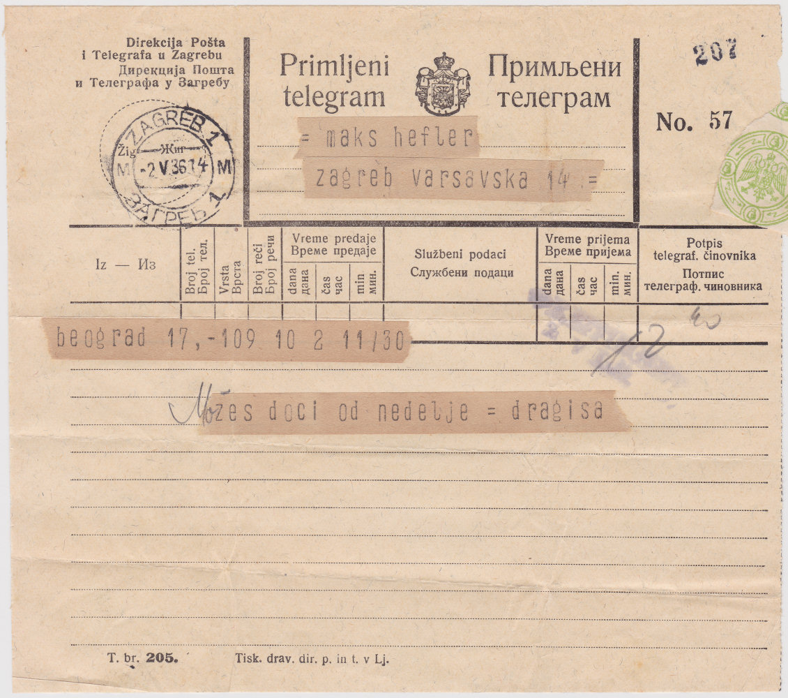 Brzojavka 205 used 1934.