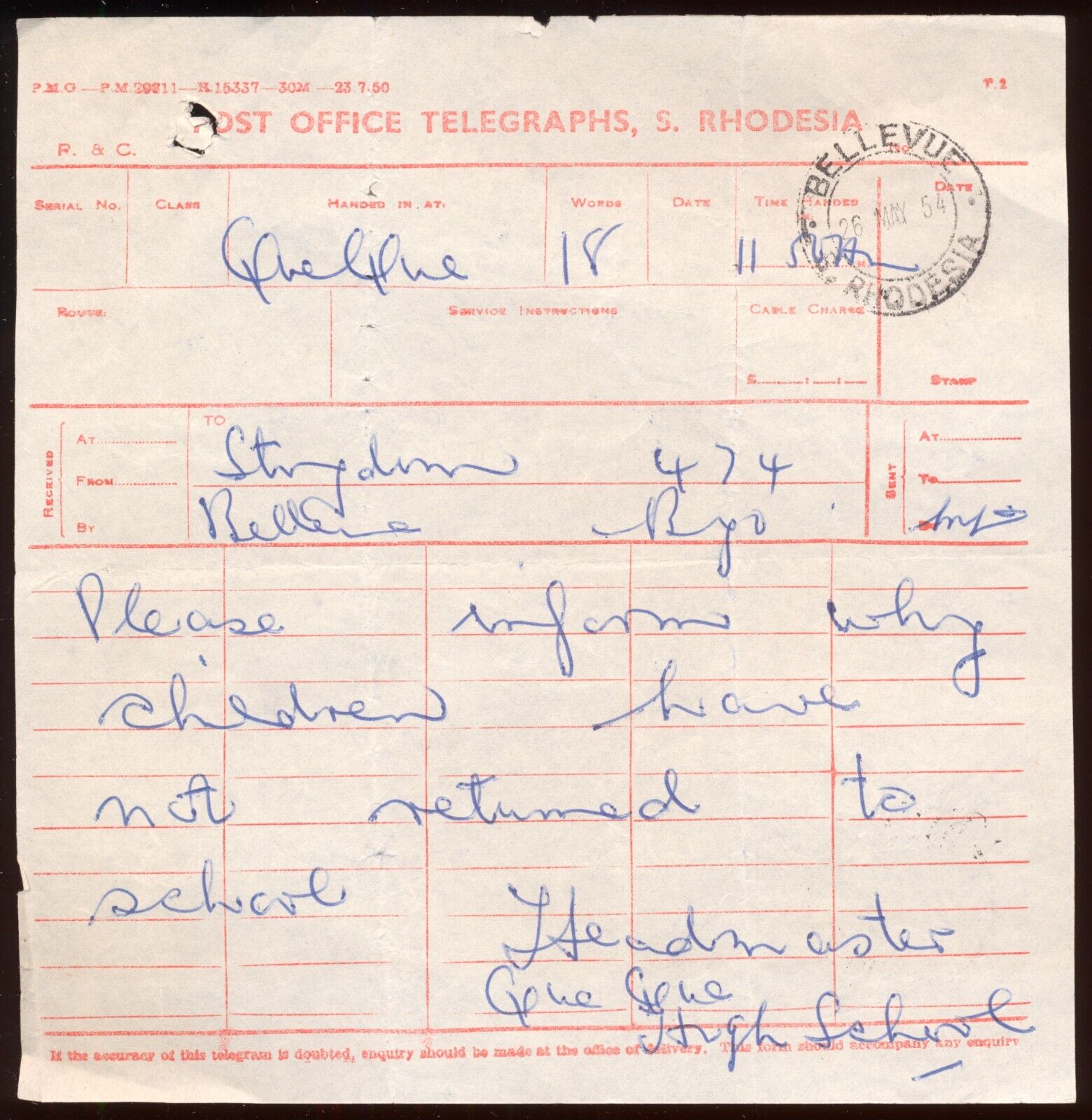 South Rhodesia PO Telegraphs - 1954