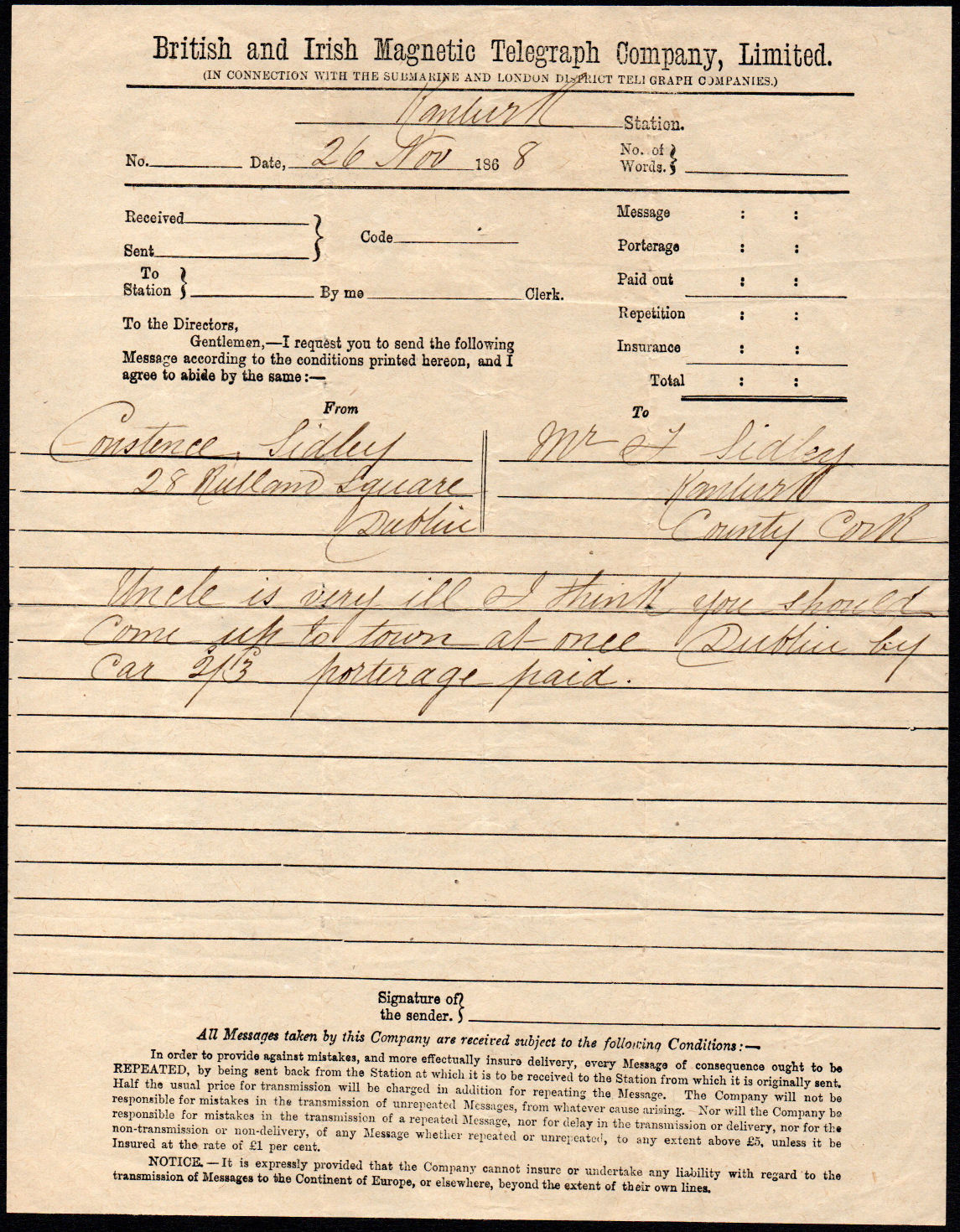 British & Irish Stationery Forwarding Form 1868