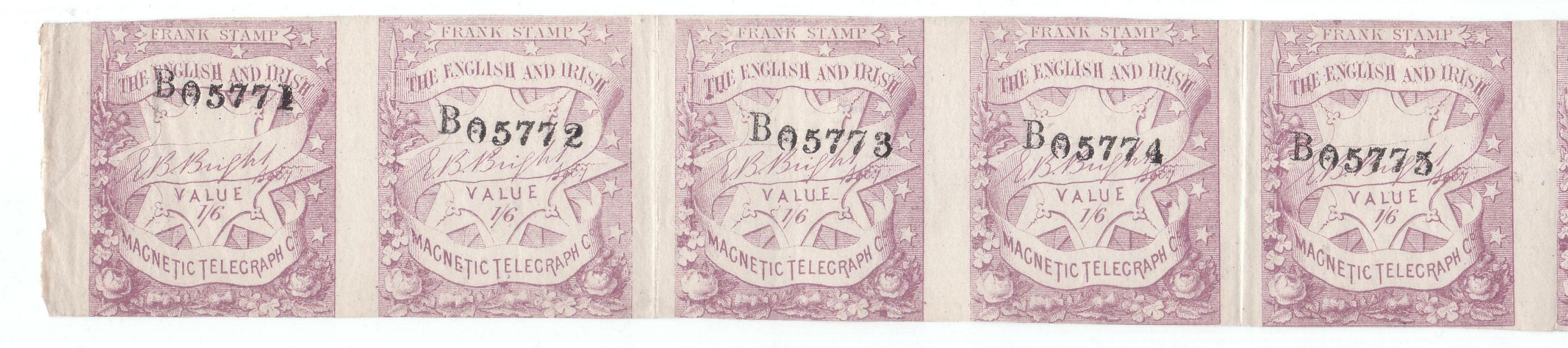 English & Irish Magnetic Telegraph Company strip of 1s6d.