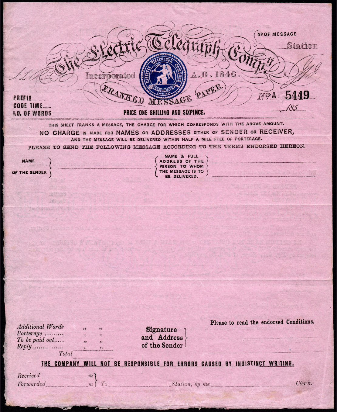 ET One Shilling and Sixpenny Form 5449 - front.