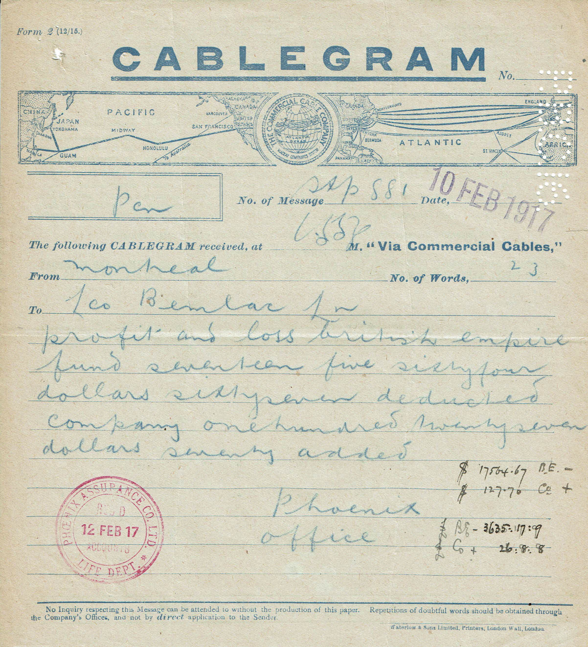CCC - Cablegram, Form 2(12/15) - 1917 front