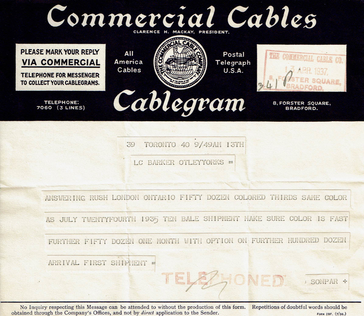 CCC - Cablegram, Form 2BF(7/36) - 1937