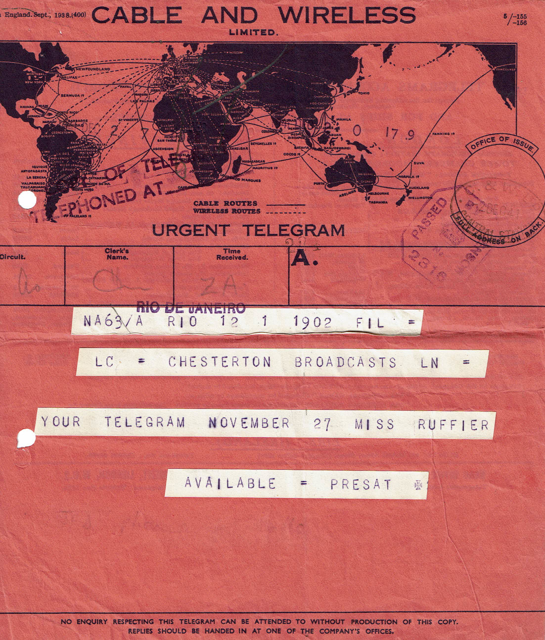 C&W Red Form 155/6 - Sept 1938 - front