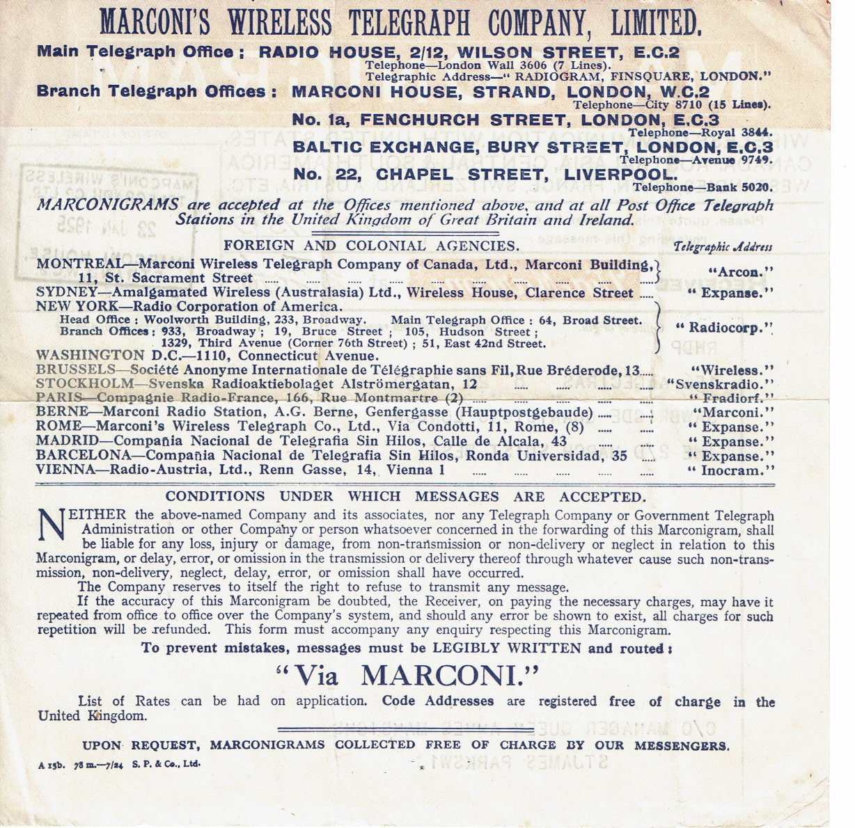 1925 Marconi Receiving form A15b - back