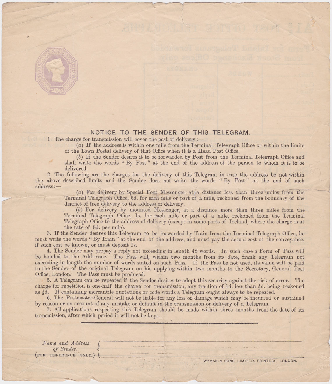 6d A1S/E Post Office Telegraph Form - back