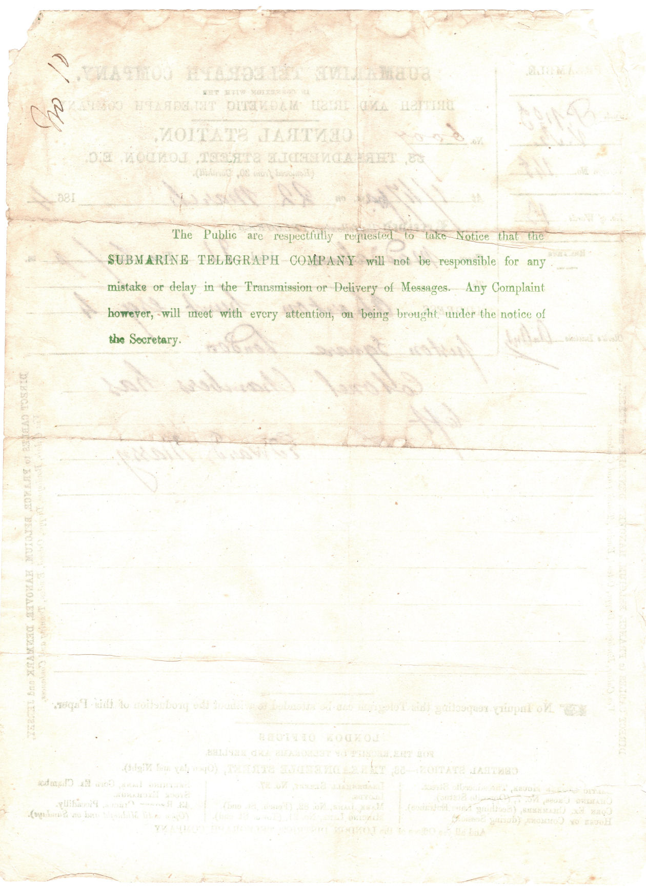 Submarine Telegraph Co. 1864 form - back