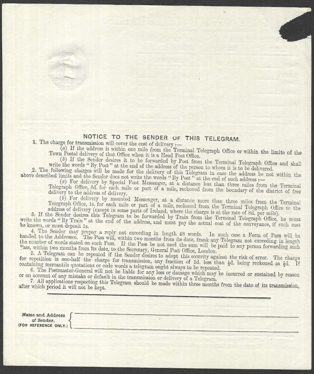 6d A1S/E Post Office Telegraph Form - back
