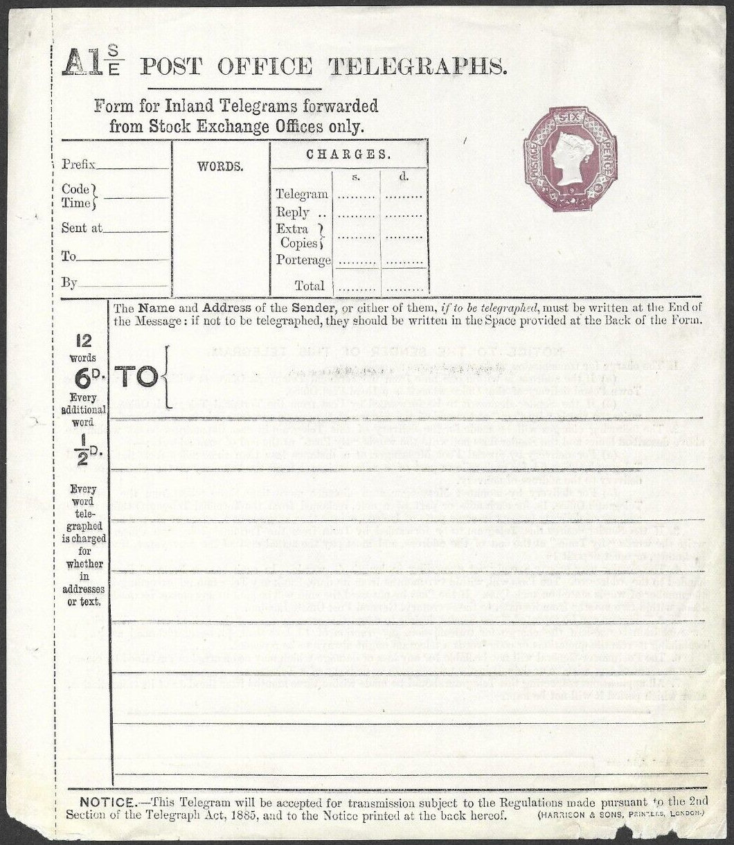 6d A1S/E Post Office Telegraph Form - front