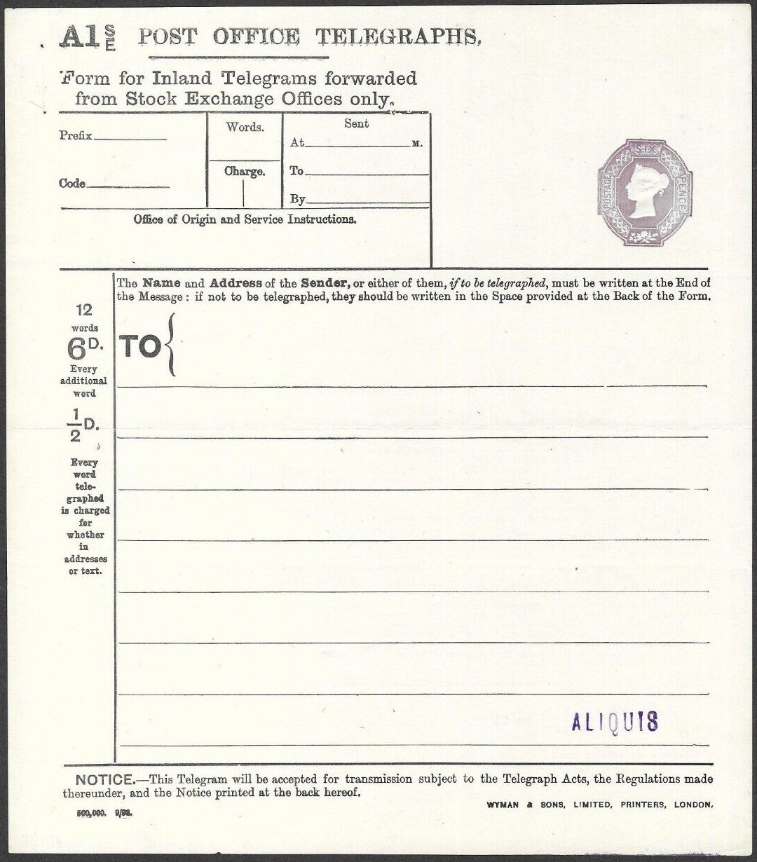 6d A1S/E Post Office Telegraph Form - front