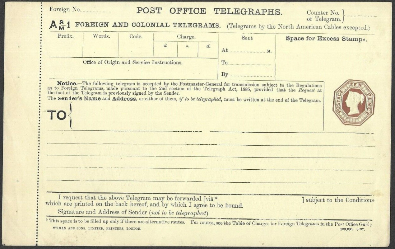 10d A1S/M Post Office Telegraph Form - front